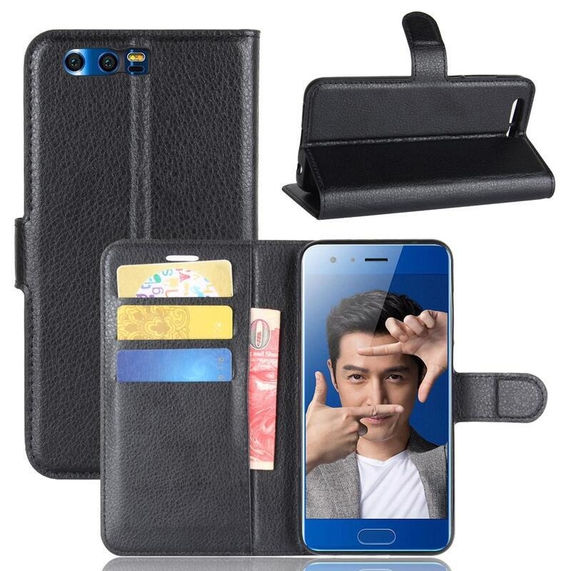 Litchi PU kožené peněženkové pouzdro na mobil Honor 9 - černé