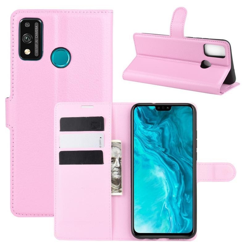 Litchi PU kožené peněženkové pouzdro na mobil Honor 9X Lite - růžové
