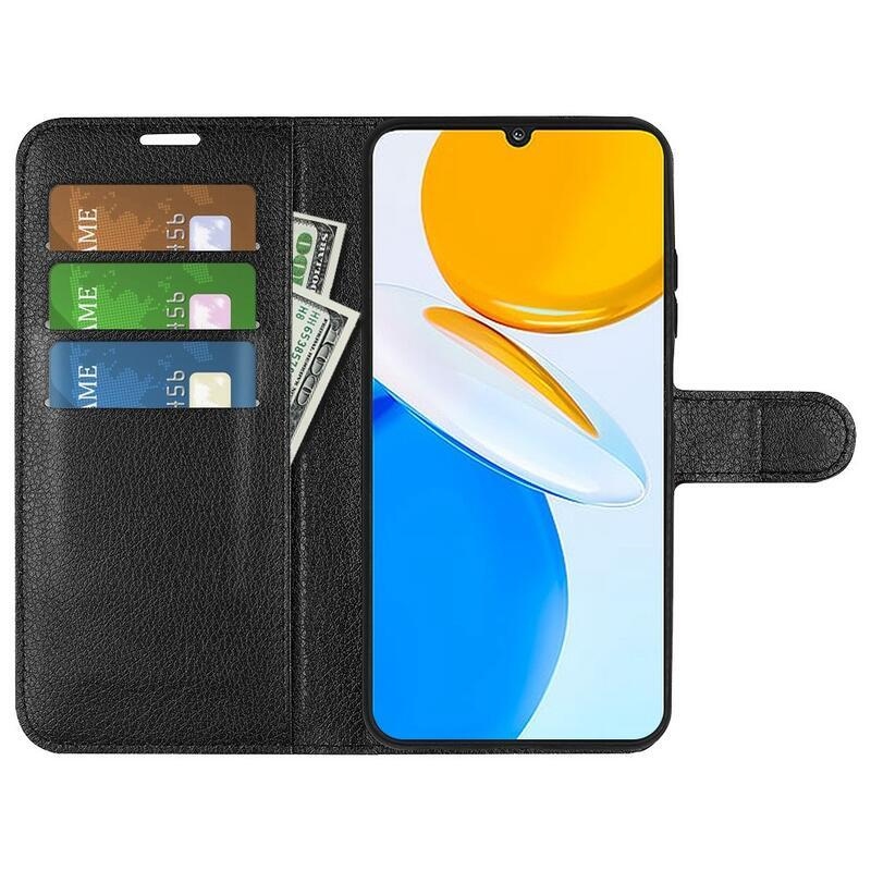 Litchi PU kožené peněženkové pouzdro na mobil Honor X7 - černé