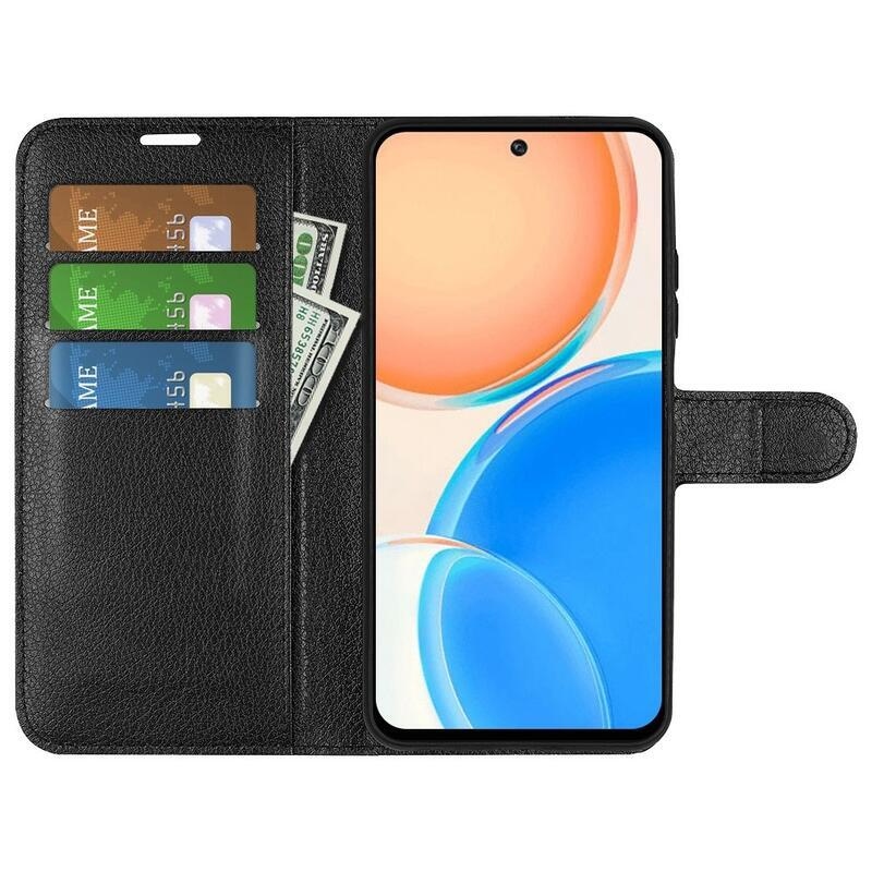 Litchi PU kožené peněženkové pouzdro na mobil Honor X8 - černé
