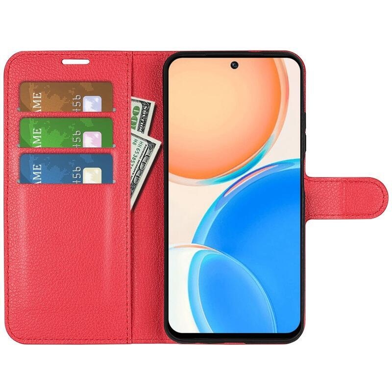 Litchi PU kožené peněženkové pouzdro na mobil Honor X8 - červené