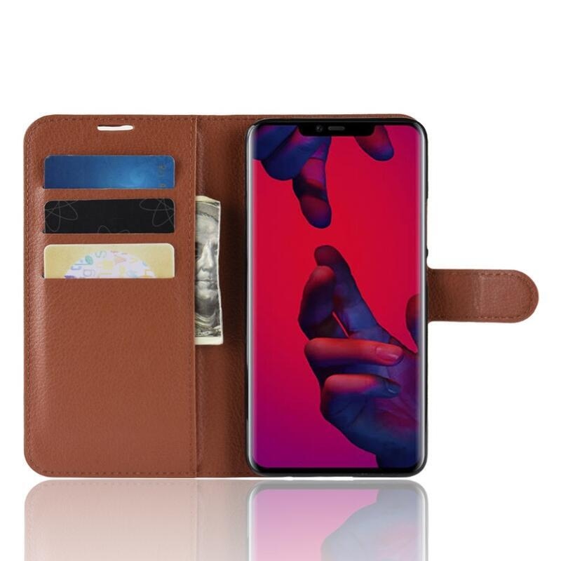 Litchi PU kožené peněženkové pouzdro na mobil Huawei Mate 20 Pro - hnědé