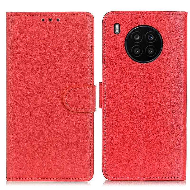Litchi PU kožené peněženkové pouzdro na mobil Huawei Nova 8i/Honor 50 Lite - červené
