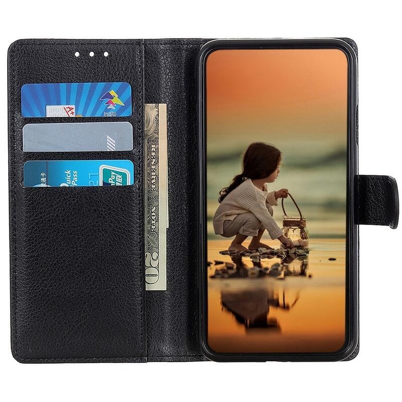 Litchi PU kožené peněženkové pouzdro na mobil Huawei Nova Y70 - černé