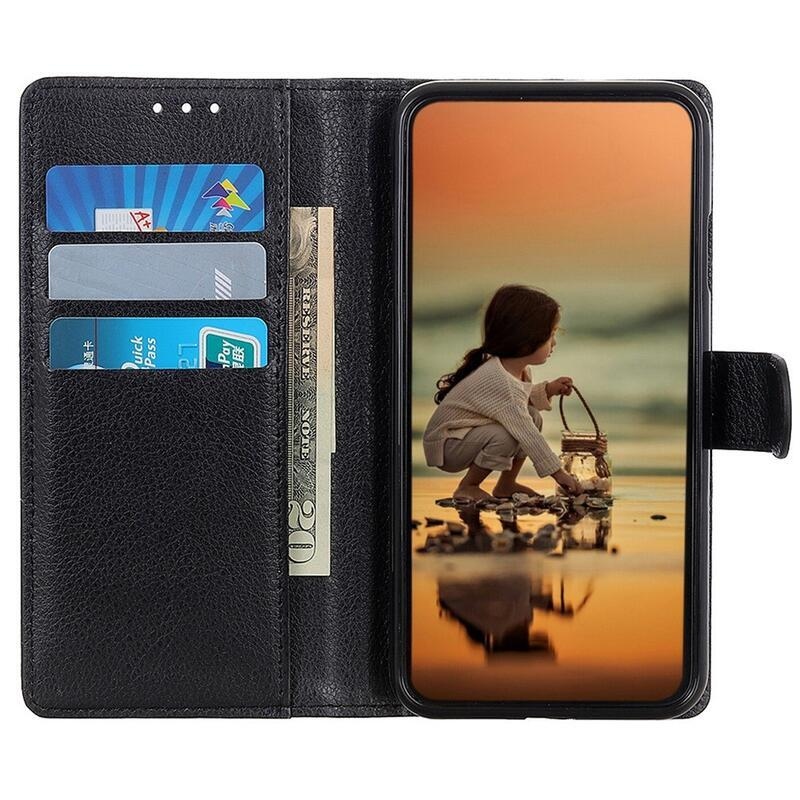 Litchi PU kožené peněženkové pouzdro na mobil Huawei Nova Y90 - černé