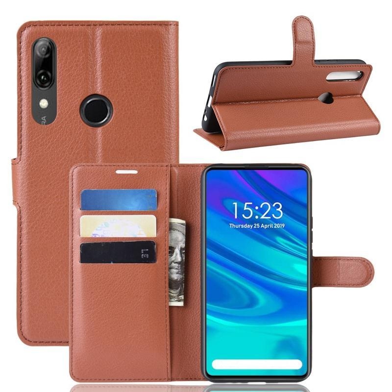 Litchi PU kožené peněženkové pouzdro na mobil Huawei P Smart Z/Honor 9X - hnědé