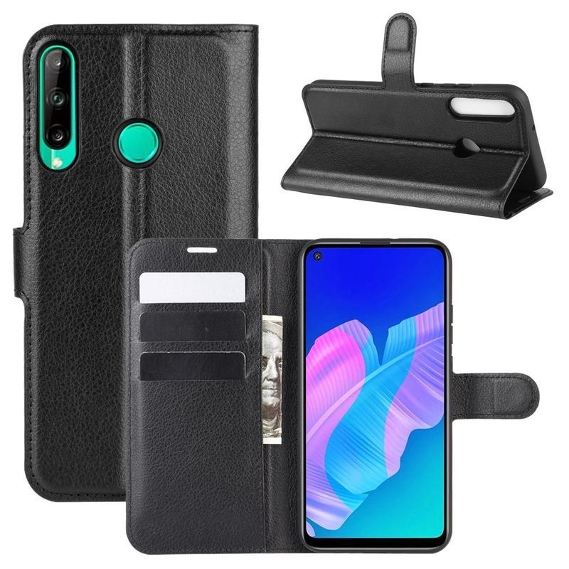 Litchi PU kožené peněženkové pouzdro na mobil Huawei P40 Lite E - černé