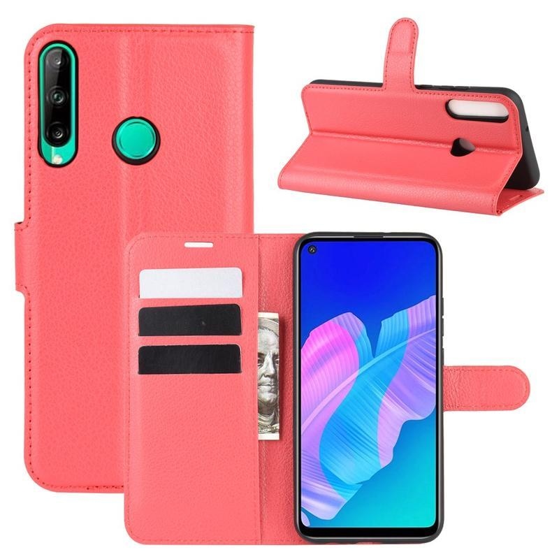 Litchi PU kožené peněženkové pouzdro na mobil Huawei P40 Lite E - červené