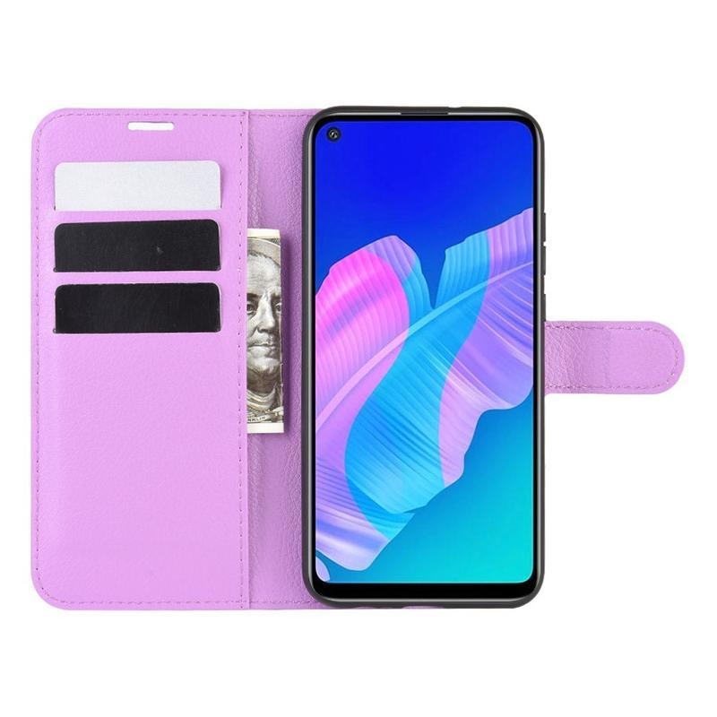 Litchi PU kožené peněženkové pouzdro na mobil Huawei P40 Lite E - fialové