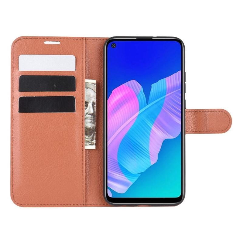 Litchi PU kožené peněženkové pouzdro na mobil Huawei P40 Lite E - hnědé