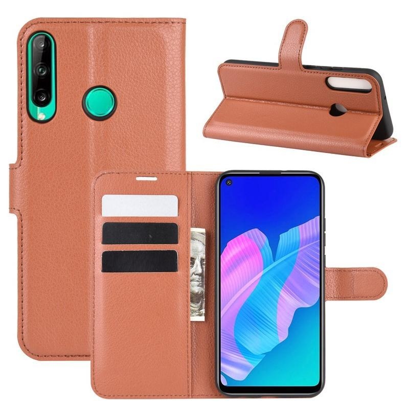Litchi PU kožené peněženkové pouzdro na mobil Huawei P40 Lite E - hnědé