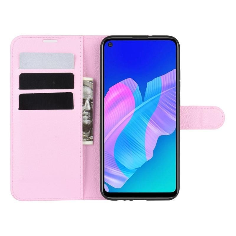 Litchi PU kožené peněženkové pouzdro na mobil Huawei P40 Lite E - růžové