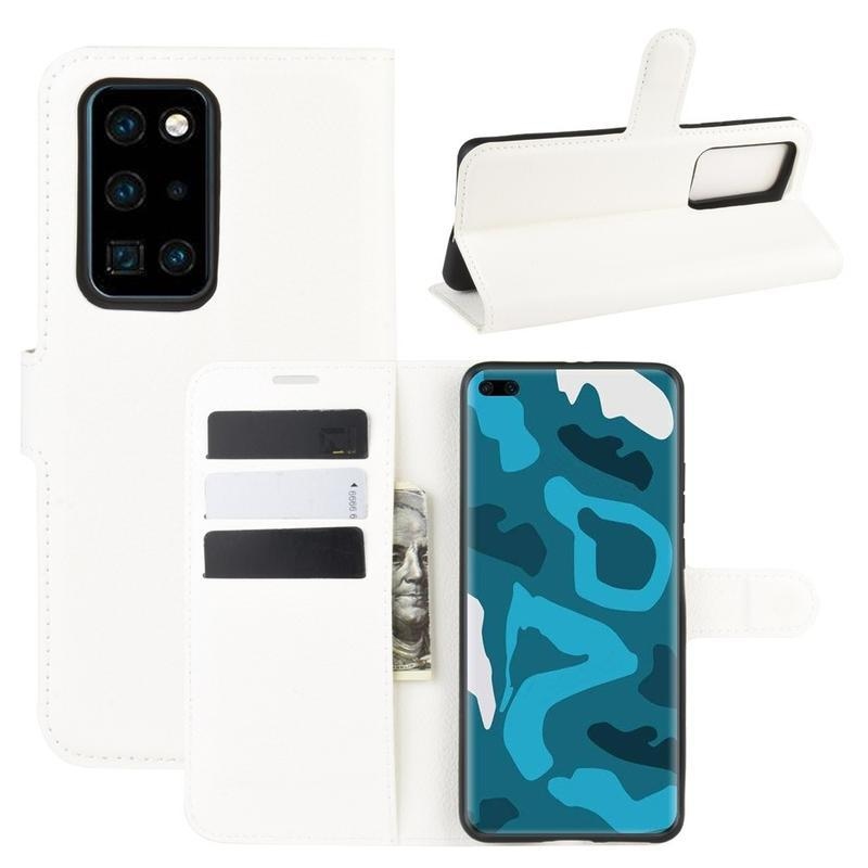 Litchi PU kožené peněženkové pouzdro na mobil Huawei P40 Pro - bílé