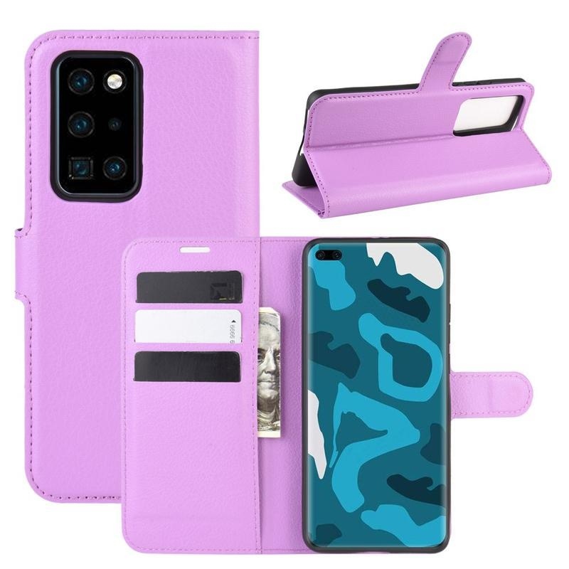 Litchi PU kožené peněženkové pouzdro na mobil Huawei P40 Pro - fialové