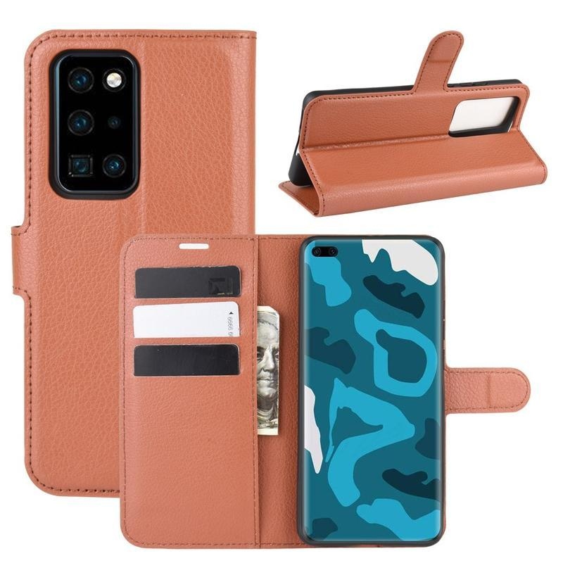 Litchi PU kožené peněženkové pouzdro na mobil Huawei P40 Pro - hnědé