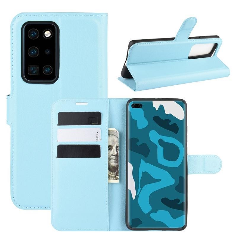Litchi PU kožené peněženkové pouzdro na mobil Huawei P40 Pro - modré