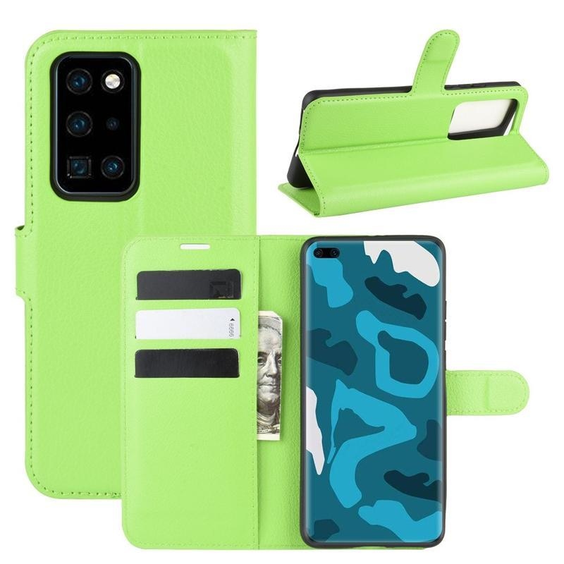 Litchi PU kožené peněženkové pouzdro na mobil Huawei P40 Pro - zelené