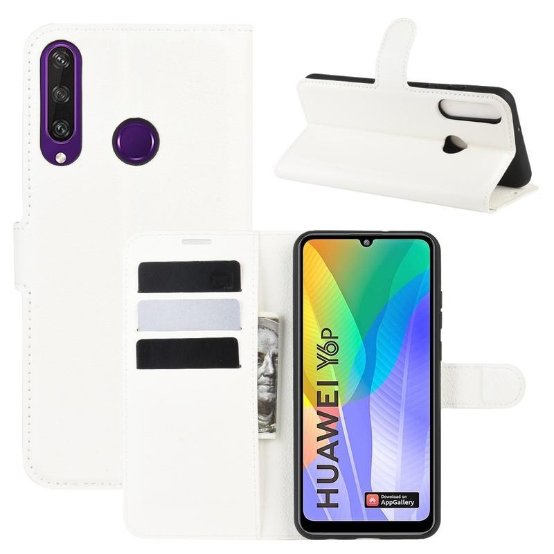 Litchi PU kožené peněženkové pouzdro na mobil Huawei Y6p - bílé
