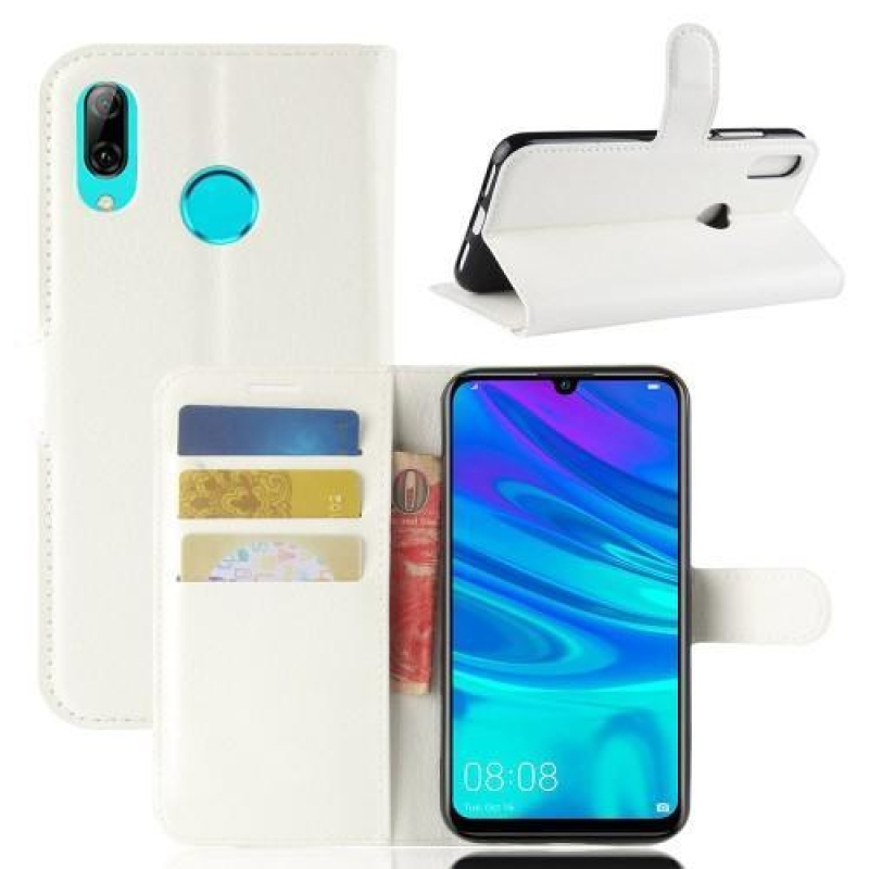 Litchi PU kožené peněženkové pouzdro na mobil Huawei Y7 (2019) - bílé