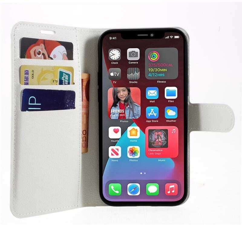 Litchi PU kožené peněženkové pouzdro na mobil iPhone 12/12 Pro - bílé