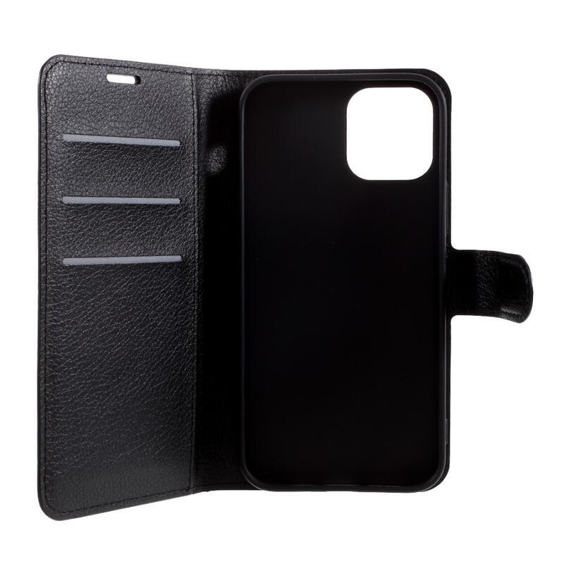 Litchi PU kožené peněženkové pouzdro na mobil iPhone 12/12 Pro - černé