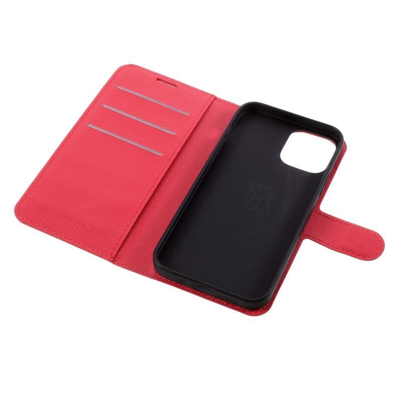 Litchi PU kožené peněženkové pouzdro na mobil iPhone 12/12 Pro - červené