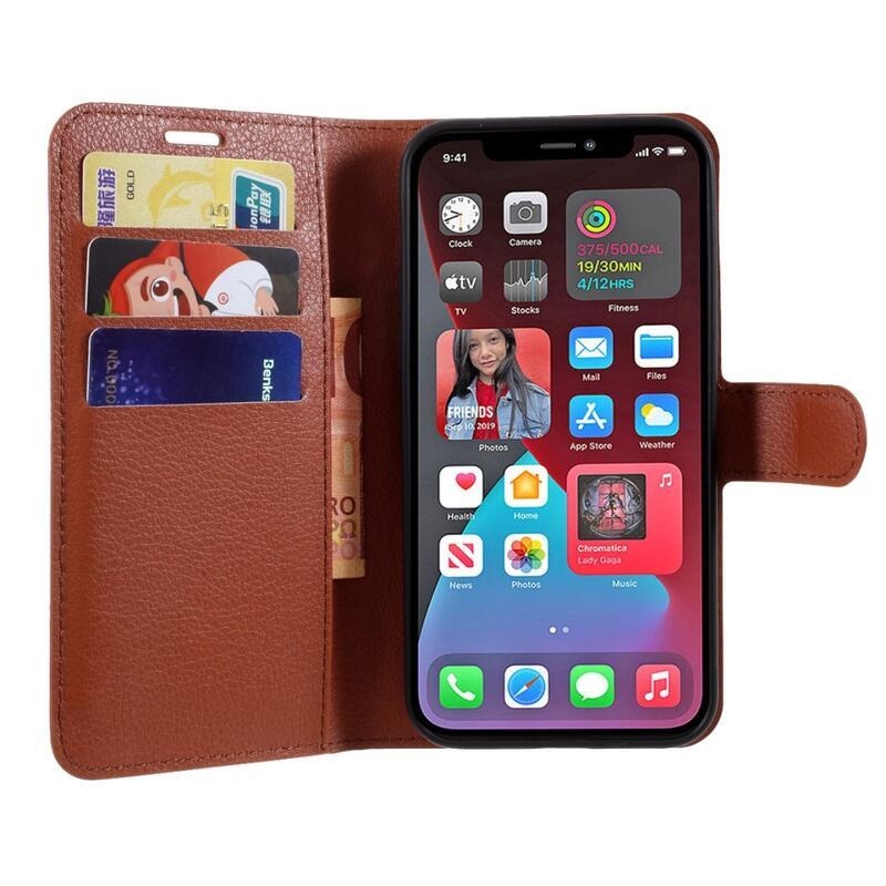 Litchi PU kožené peněženkové pouzdro na mobil iPhone 12/12 Pro - hnědé