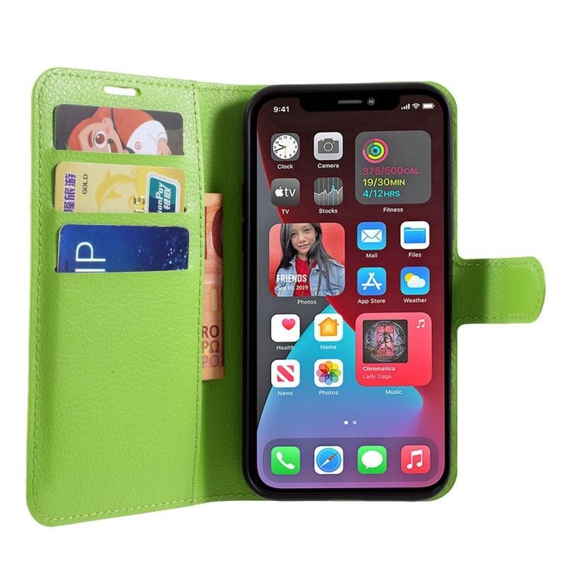 Litchi PU kožené peněženkové pouzdro na mobil iPhone 12/12 Pro - zelené