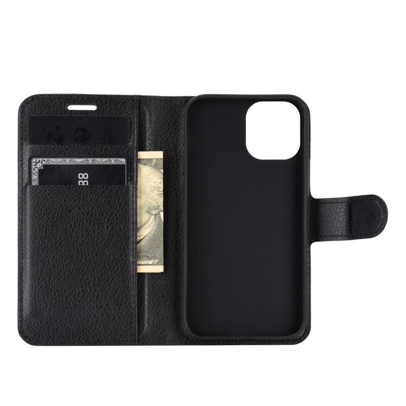 Litchi PU kožené peněženkové pouzdro na mobil iPhone 12 mini 5.4 - černé