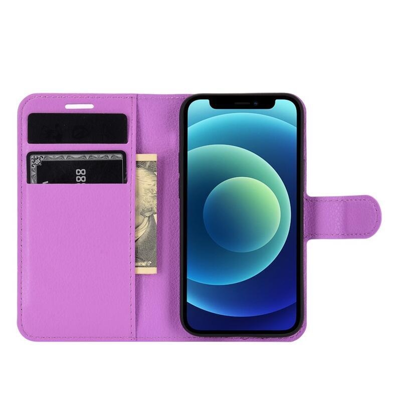Litchi PU kožené peněženkové pouzdro na mobil iPhone 12 mini 5.4 - fialové