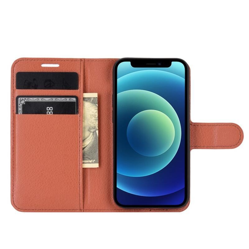 Litchi PU kožené peněženkové pouzdro na mobil iPhone 12 mini 5.4 - hnědé