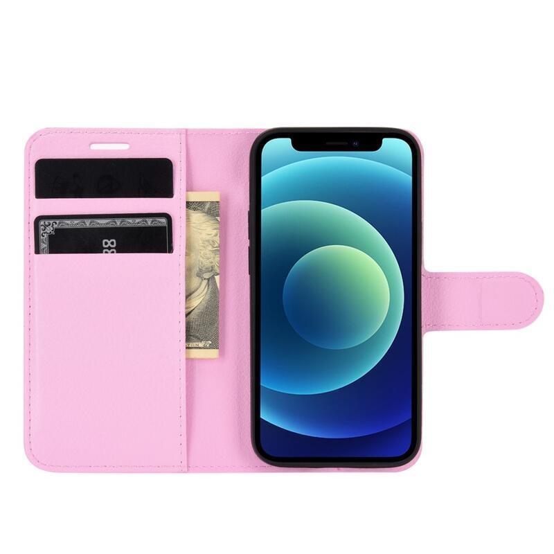 Litchi PU kožené peněženkové pouzdro na mobil iPhone 12 mini 5.4 - růžové