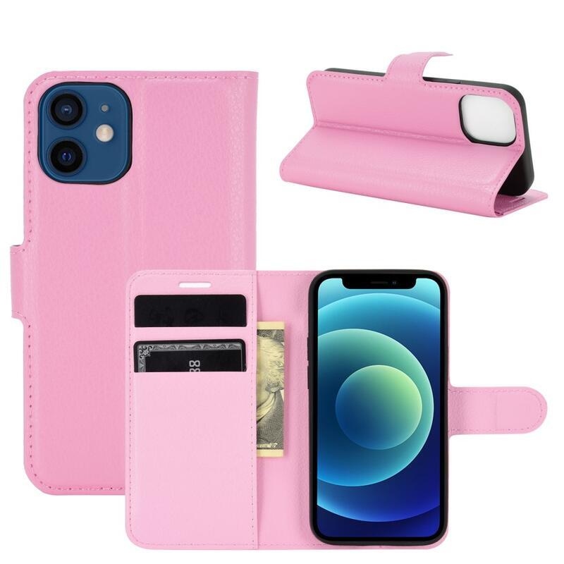 Litchi PU kožené peněženkové pouzdro na mobil iPhone 12 mini 5.4 - růžové