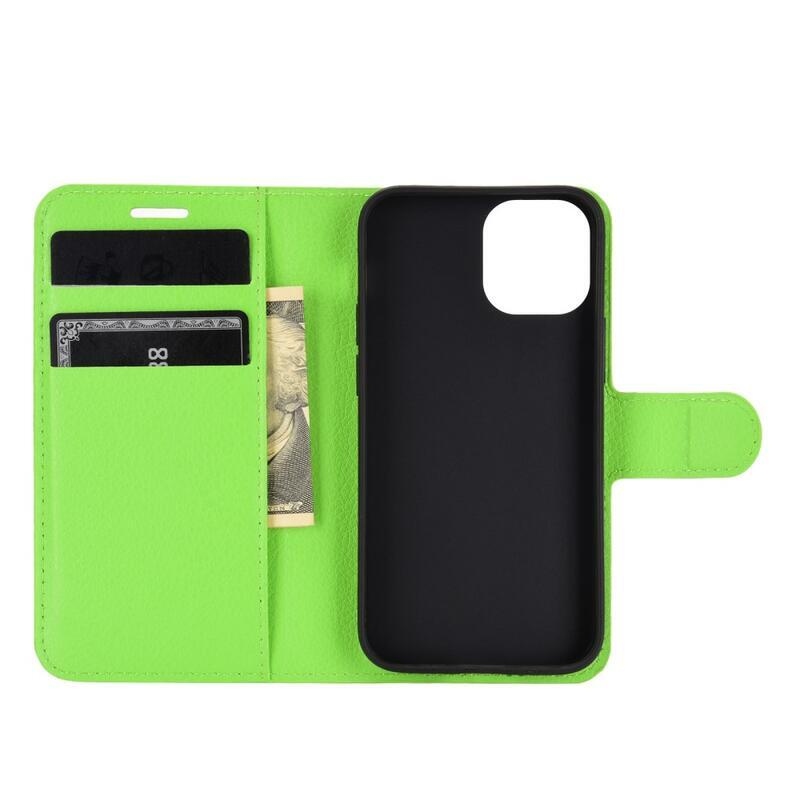 Litchi PU kožené peněženkové pouzdro na mobil iPhone 12 mini 5.4 - zelené