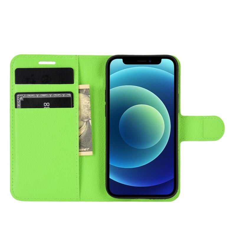 Litchi PU kožené peněženkové pouzdro na mobil iPhone 12 mini 5.4 - zelené