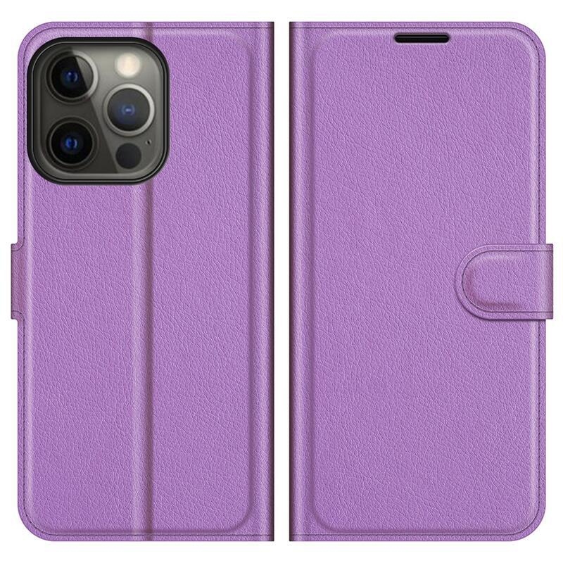Litchi PU kožené peněženkové pouzdro na mobil iPhone 13 Pro 6.1 - fialové