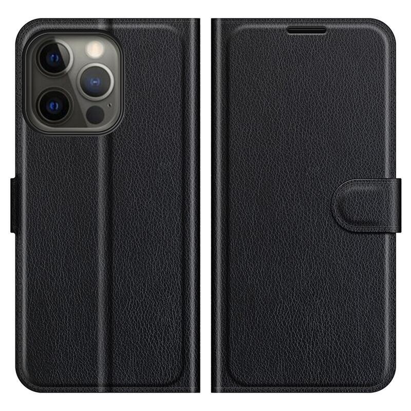 Litchi PU kožené peněženkové pouzdro na mobil iPhone 13 Pro Max 6.7 - černé