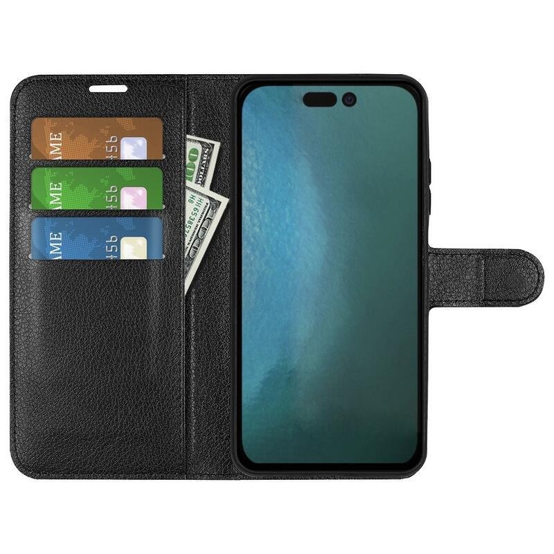Litchi PU kožené peněženkové pouzdro na mobil iPhone 14 6.1 - černé