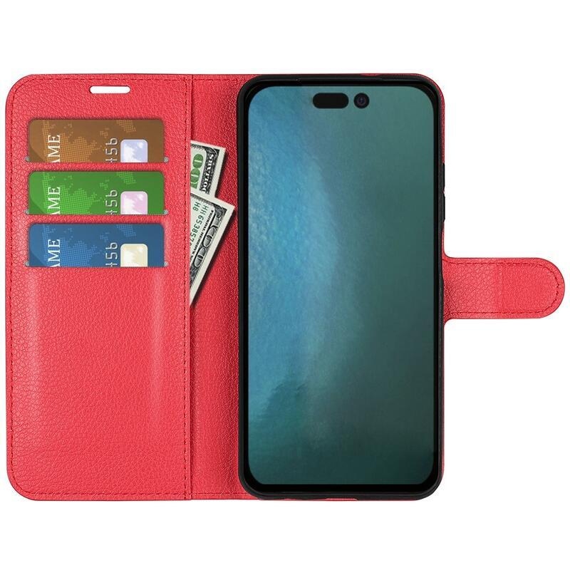 Litchi PU kožené peněženkové pouzdro na mobil iPhone 14 6.1 - červené