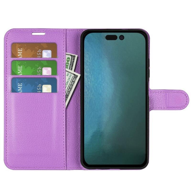 Litchi PU kožené peněženkové pouzdro na mobil iPhone 14 6.1 - fialové