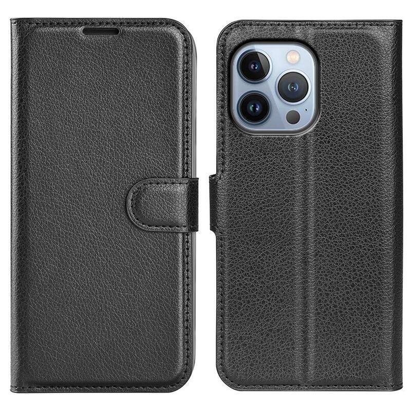 Litchi PU kožené peněženkové pouzdro na mobil iPhone 14 Pro 6.1 - černé