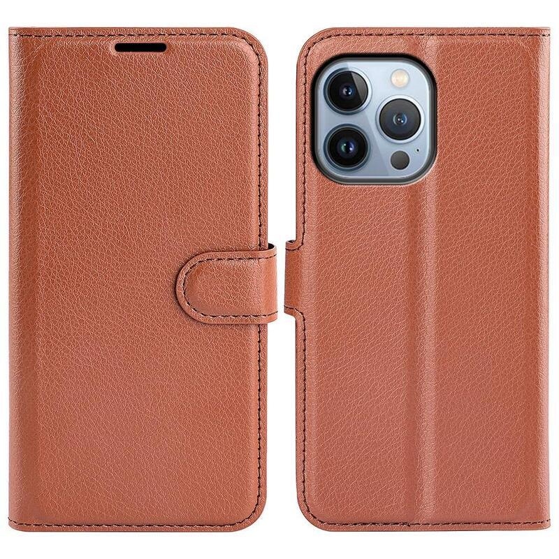 Litchi PU kožené peněženkové pouzdro na mobil iPhone 14 Pro 6.1 - hnědé