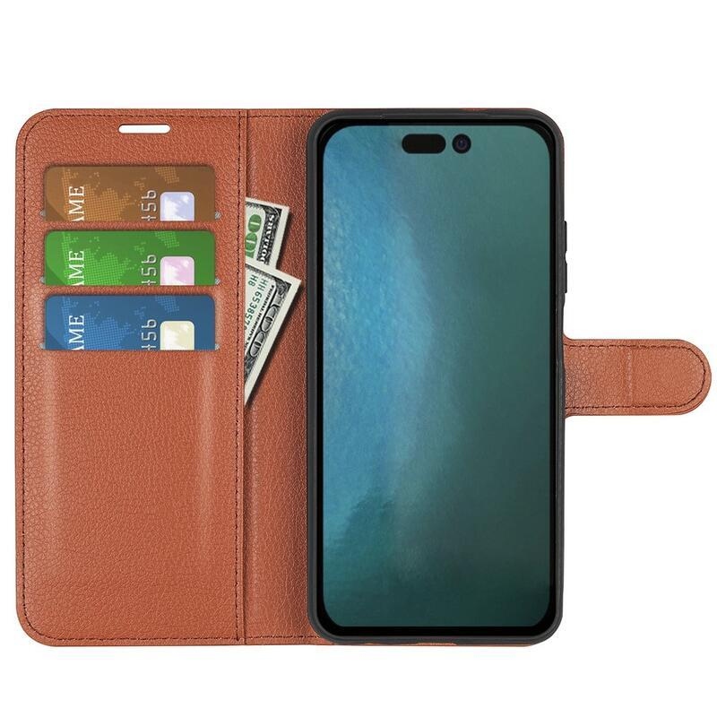 Litchi PU kožené peněženkové pouzdro na mobil iPhone 14 Pro 6.1 - hnědé