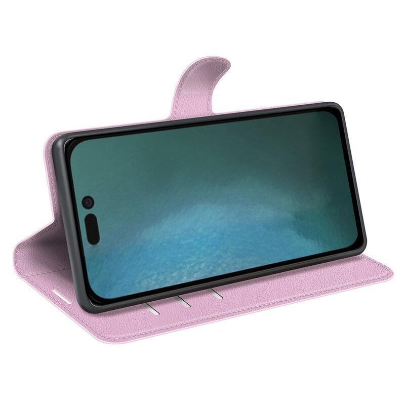 Litchi PU kožené peněženkové pouzdro na mobil iPhone 14 Pro 6.1 - růžové