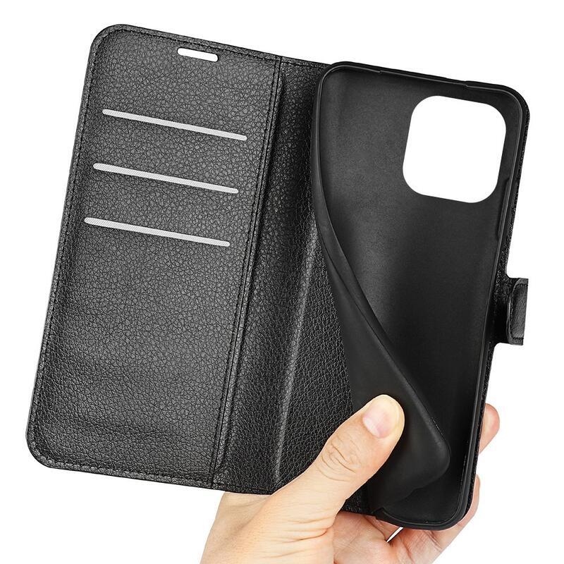Litchi PU kožené peněženkové pouzdro na mobil iPhone 14 Pro Max 6.7 - černé
