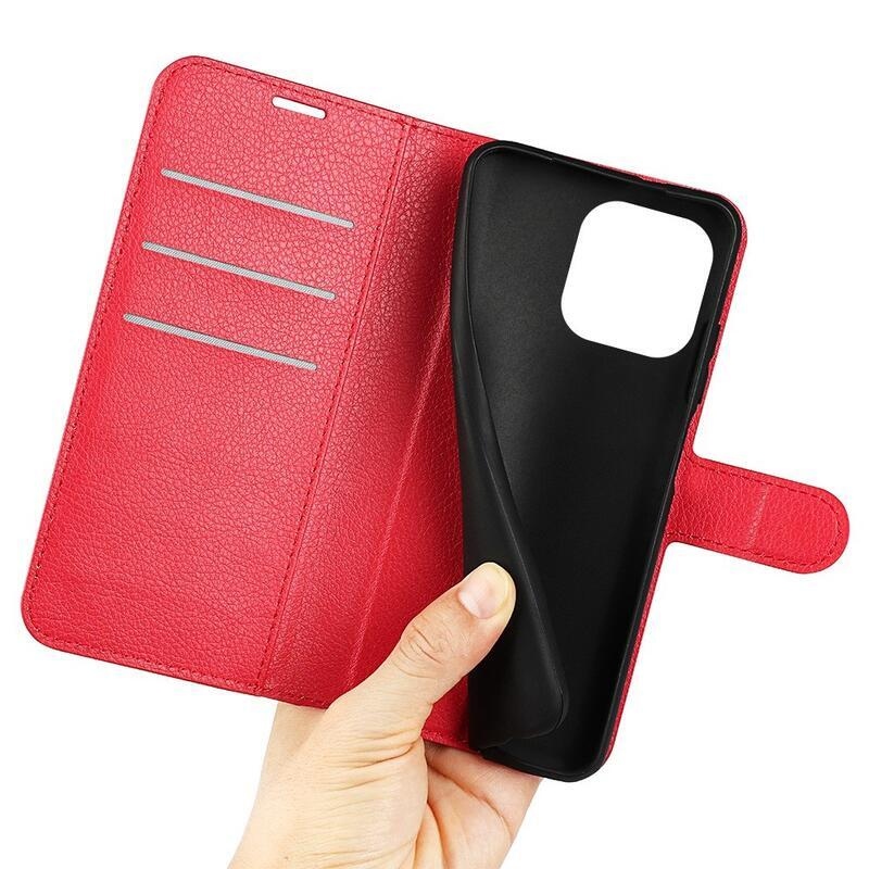 Litchi PU kožené peněženkové pouzdro na mobil iPhone 14 Pro Max 6.7 - červené