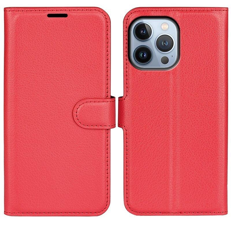 Litchi PU kožené peněženkové pouzdro na mobil iPhone 14 Pro Max 6.7 - červené
