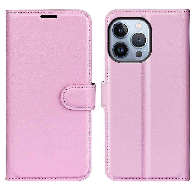 Litchi PU kožené peněženkové pouzdro na mobil iPhone 14 Pro Max 6.7 - růžové