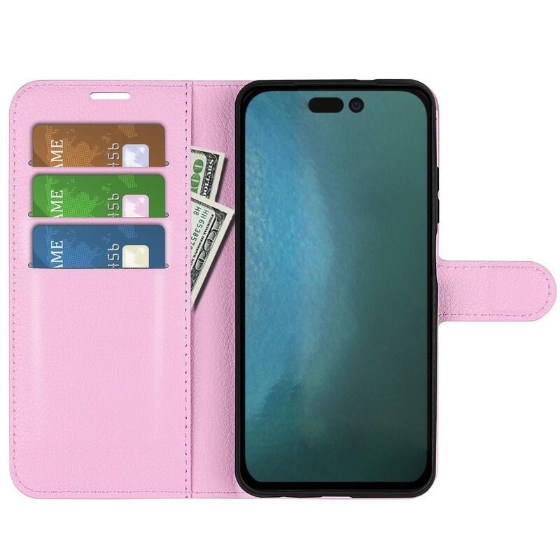 Litchi PU kožené peněženkové pouzdro na mobil iPhone 14 Pro Max 6.7 - růžové