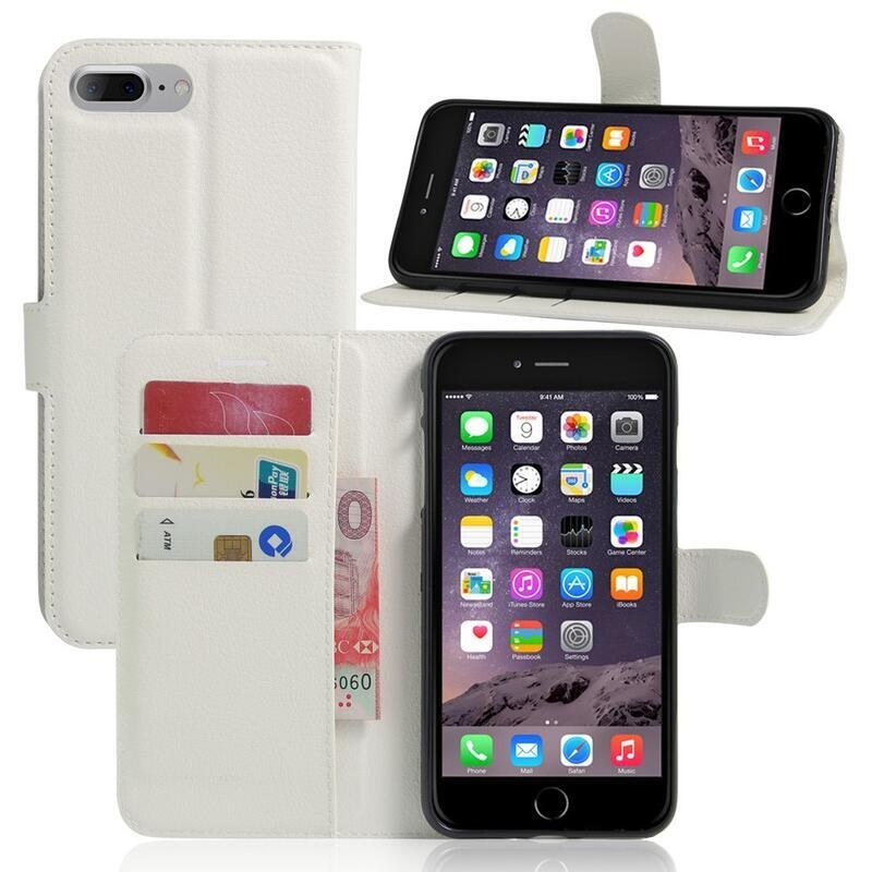 Litchi PU kožené peněženkové pouzdro na mobil iPhone 8 Plus/7 Plus - bílé